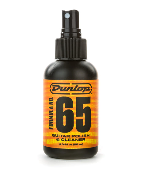 The image shows a 4 fl oz (118 ml) black spray bottle of Dunlop Formula No. 65 Guitar Polish & Cleaner. The label features an orange and yellow gradient with the Dunlop logo and "65." This popular guitar care product is used to clean and polish guitar finishes, removing fingerprints and dust while adding shine. Dunlop is a well-known brand for guitar accessories and maintenance products.