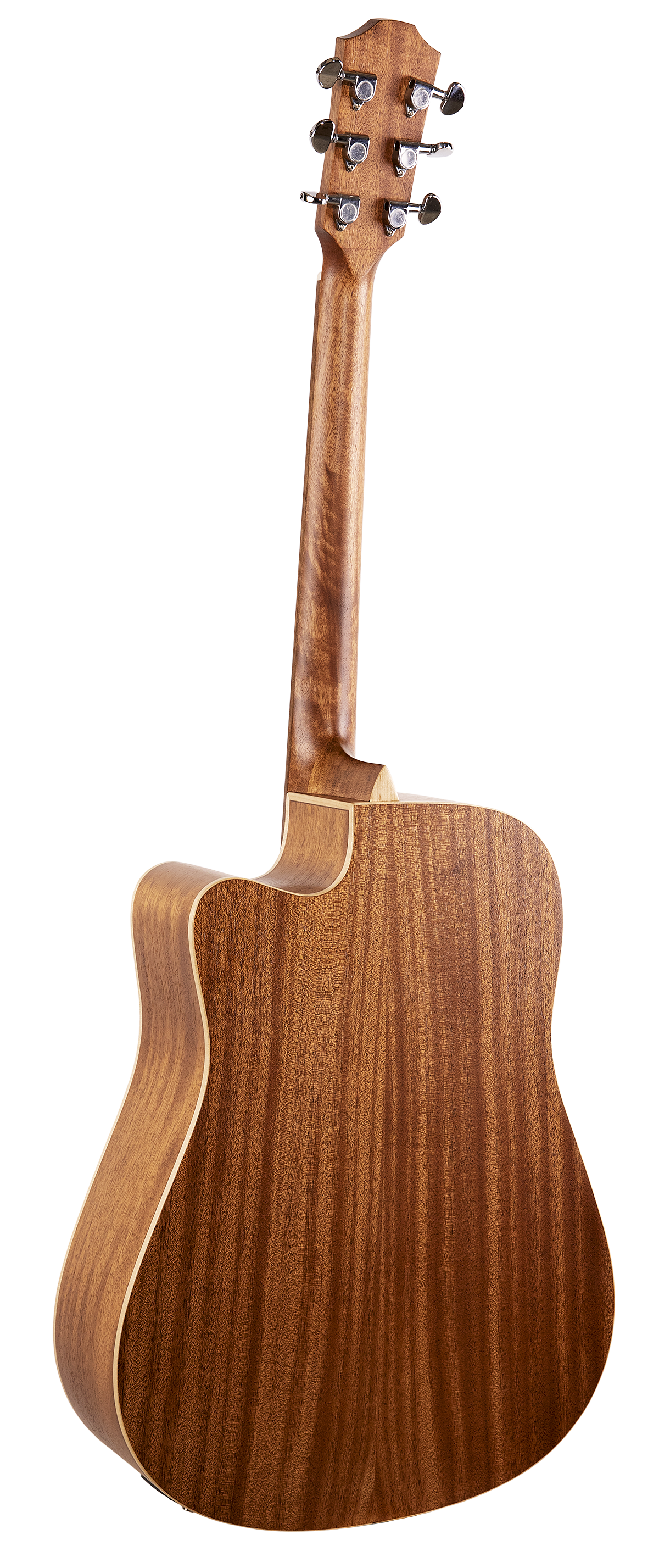 The image shows the back of a wooden acoustic guitar with a large dreadnought-style body. Visible features include six tuning pegs on the headstock, a long neck, and natural wood grain with light binding around the edges. The smooth finish and craftsmanship highlight the guitar’s quality, making it suitable for various musical styles.