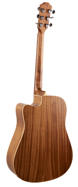The image shows the back of a wooden acoustic guitar with a large dreadnought-style body. Visible features include six tuning pegs on the headstock, a long neck, and natural wood grain with light binding around the edges. The smooth finish and craftsmanship highlight the guitar’s quality, making it suitable for various musical styles.