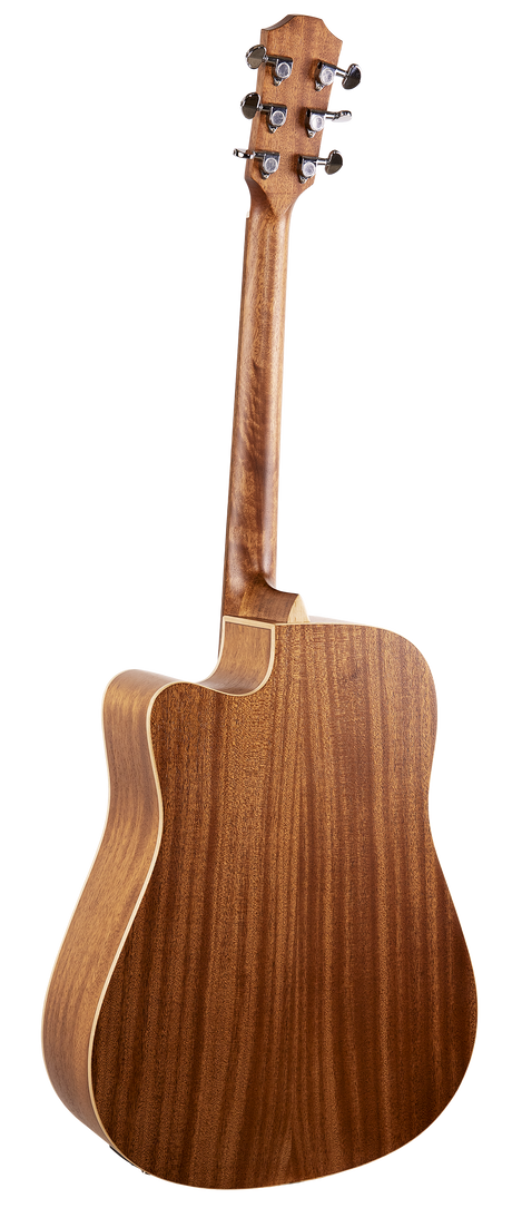 The image shows the back of a wooden acoustic guitar with a large dreadnought-style body. Visible features include six tuning pegs on the headstock, a long neck, and natural wood grain with light binding around the edges. The smooth finish and craftsmanship highlight the guitar’s quality, making it suitable for various musical styles.