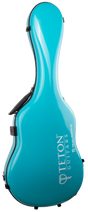 The image shows a modern hard shell guitar case from Teton Guitars in a glossy turquoise/teal finish. It features the distinctive guitar shape with "TETON GUITARS" and "BOZEMAN" in white lettering on the front. Made of molded fiberglass or similar material, it has black latches and a carrying handle. The bright color makes it stand out, offering strong protection and a sleek, professional look.