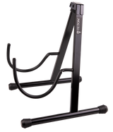 The image shows a Teton floor-standing guitar stand with a black metal A-frame design. It has rubber feet to prevent slipping, curved arms to hold acoustic or electric guitars securely, and a neck support for the headstock. The "TETON" logo is visible on the vertical support. Rubber padding protects the guitar's finish. This stand safely stores and displays most standard guitars, preventing damage when not in use.