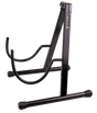 The image shows a Teton floor-standing guitar stand with a black metal A-frame design. It has rubber feet to prevent slipping, curved arms to hold acoustic or electric guitars securely, and a neck support for the headstock. The "TETON" logo is visible on the vertical support. Rubber padding protects the guitar's finish. This stand safely stores and displays most standard guitars, preventing damage when not in use.