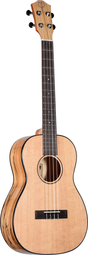 The image shows a Teton TB130SMG baritone ukulele with a natural wood finish and visible grain, featuring decorative binding.. It has a dark fretboard with metal frets and position dots, four nylon strings anchored to a black bridge, and four tuning pegs with black knobs arranged 2+2. The headstock displays a logo. This acoustic ukulele offers a deeper sound and more fretboard space, suitable for beginners to intermediate players.
