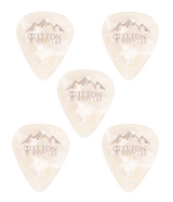 The image shows five Teton Guitars branded guitar picks arranged on a white background. The picks are teardrop-shaped and made of translucent, cream-colored material with a pearlescent finish. Each pick features the Teton Guitars logo, including a mountain range graphic above the text. These picks combine functionality with an attractive, premium appearance.