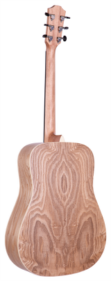 The image shows the back of an acoustic guitar, highlighting the wooden body, neck, and tuning pegs on the headstock. The wood grain and finish are clearly visible.