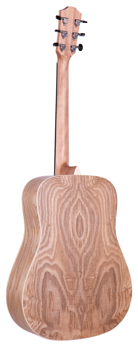 The image shows the back of an acoustic guitar, highlighting the wooden body, neck, and tuning pegs on the headstock. The wood grain and finish are clearly visible.