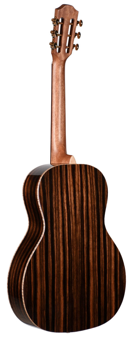 The image shows the back of a classical or nylon-string acoustic guitar with a striped rosewood-like back and sides, a lighter wood neck, and light-colored binding. It features six gold-colored tuning pegs on the headstock. The bookmatched wood grain, glossy finish, and well-proportioned body reflect high-quality craftsmanship, indicating a mid to high-end, visually striking instrument.