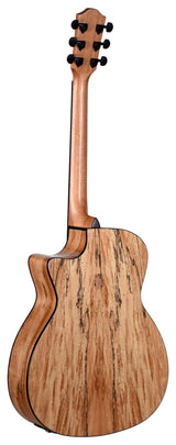 The image shows the back view of a classical or steel-string acoustic guitar with a natural wood finish and prominent grain patterns. It features black binding around the body edges, six black die-cast tuning pegs on a traditional slotted headstock, and a lighter-colored neck. The satin or semi-gloss finish highlights the wood’s natural beauty in a clean, classic design.