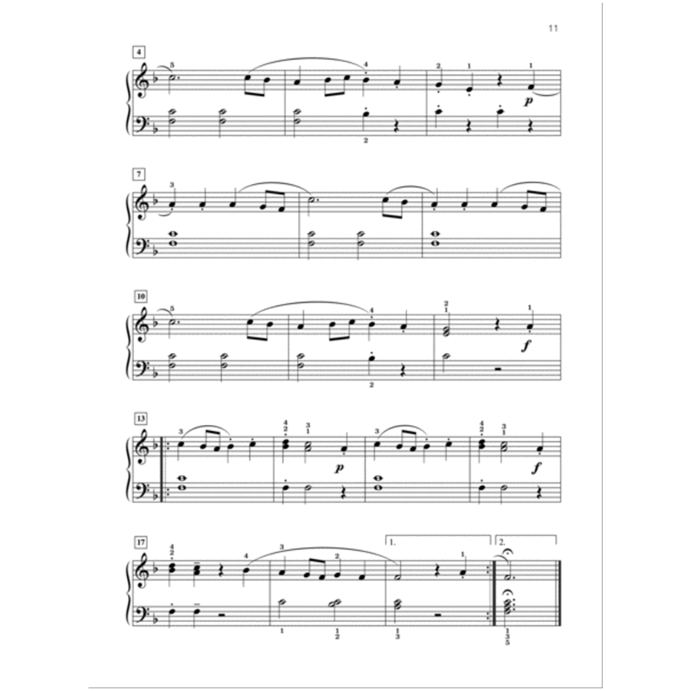 The image shows page 11 of piano sheet music with a grand staff in B-flat major (two flats). Measures 6–17 include quarter, half, and whole notes, slurs, dynamics ("p" and "f"), fingering numbers, ties, and dotted rhythms. The final measure has fermatas and a cadence, suggesting an ending. The clean, pedagogical layout indicates it may be from a piano method book or simplified classical arrangement.