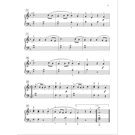 The image shows page 11 of piano sheet music with a grand staff in B-flat major (two flats). Measures 6–17 include quarter, half, and whole notes, slurs, dynamics ("p" and "f"), fingering numbers, ties, and dotted rhythms. The final measure has fermatas and a cadence, suggesting an ending. The clean, pedagogical layout indicates it may be from a piano method book or simplified classical arrangement.