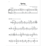 The image shows a piano duet sheet music arrangement of Vivaldi's "Spring" from "The Four Seasons," arranged by Carol Matz. The top section features the main melody in treble and bass clefs, marked "Cheerfully" with a 4/4 time signature in B-flat major. The bottom section is a "DUET PART" for the student, played one octave higher in bass clef. The score includes dynamics, slurs, repeat signs, and rehearsal letters for instructional use.