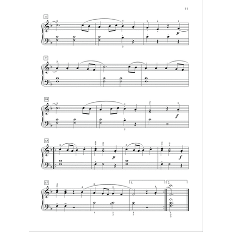 The image shows page 11 of piano sheet music in B-flat major with treble and bass clefs on a grand staff. It features numbered measures, dynamic markings (p, f), slurs for legato, fingering numbers, and various note values. The layout is clear and professionally formatted, ending with a fermata and cadence. This appears to be an intermediate-level piece, likely from an educational piano method or collection.