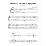 The image shows a page of piano sheet music for Beethoven's "Theme from 'Pastorale' Symphony No. 6," arranged by Carol Matz. It includes the main melody in treble and bass clefs, dynamics (p, mp), a "Happily" tempo marking, measure numbers, and fingering. A "DUET PART" section in bass clef instructs the student to play one octave higher, indicating it’s from a piano lesson or duet book.