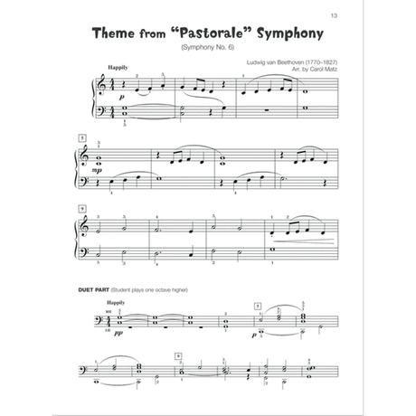 The image shows a page of piano sheet music for Beethoven's "Theme from 'Pastorale' Symphony No. 6," arranged by Carol Matz. It includes the main melody in treble and bass clefs, dynamics (p, mp), a "Happily" tempo marking, measure numbers, and fingering. A "DUET PART" section in bass clef instructs the student to play one octave higher, indicating it’s from a piano lesson or duet book.