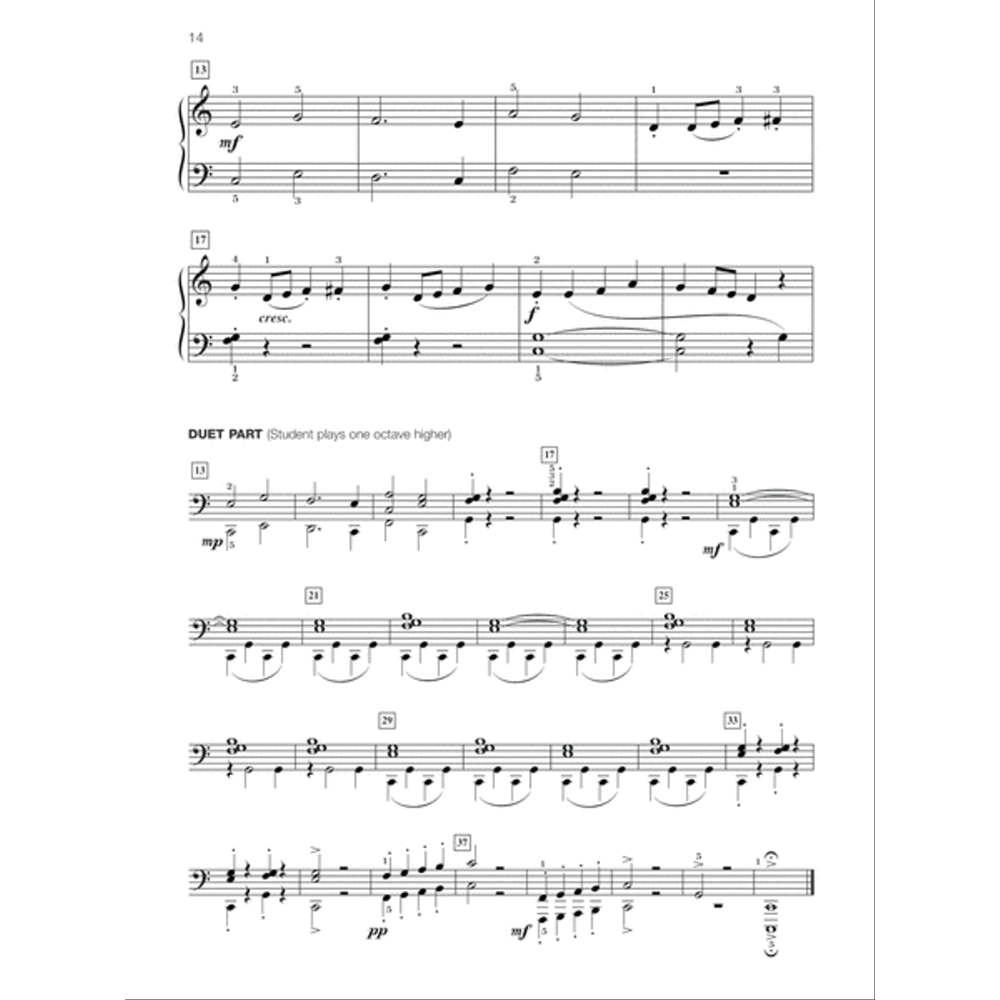 The image shows a page of sheet music with treble and bass clefs, likely for piano. It includes musical notation, measure numbers, dynamic markings (mf, f, pp), performance instructions (cresc., fingering), a labeled duet section with an octave-up note for the student, pedal markings, and expression cues. This appears to be from a piano method book designed for instructional duet play.