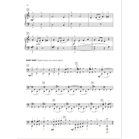 The image shows a page of sheet music with treble and bass clefs, likely for piano. It includes musical notation, measure numbers, dynamic markings (mf, f, pp), performance instructions (cresc., fingering), a labeled duet section with an octave-up note for the student, pedal markings, and expression cues. This appears to be from a piano method book designed for instructional duet play.
