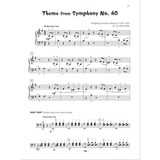 The image shows a page of sheet music for the "Theme from Symphony No. 40" by Mozart, arranged by Carol Matz. It features a piano arrangement in G major with a 4/4 time signature, marked "Moderately fast," on a grand staff. Below is a bass clef duet part with dynamics and an octave-higher note indication. The page includes fingering, measure numbers, tempo, and dynamic markings, likely from a piano method book for student learning.