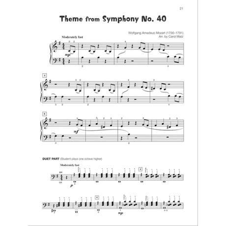 The image shows a page of sheet music for the "Theme from Symphony No. 40" by Mozart, arranged by Carol Matz. It features a piano arrangement in G major with a 4/4 time signature, marked "Moderately fast," on a grand staff. Below is a bass clef duet part with dynamics and an octave-higher note indication. The page includes fingering, measure numbers, tempo, and dynamic markings, likely from a piano method book for student learning.