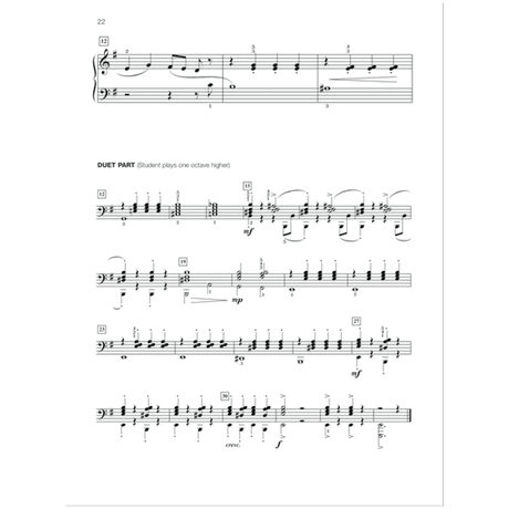 The image shows a page of piano sheet music featuring treble and bass clefs, musical notes, rests, and rhythmic patterns. It includes measure numbers, dynamic markings like "mf" and "mp," performance instructions such as "cresc.," fingering numbers, and a duet section labeled for student one octave higher. The layout suggests it’s from a beginner to intermediate piano method book with solo and duet parts.