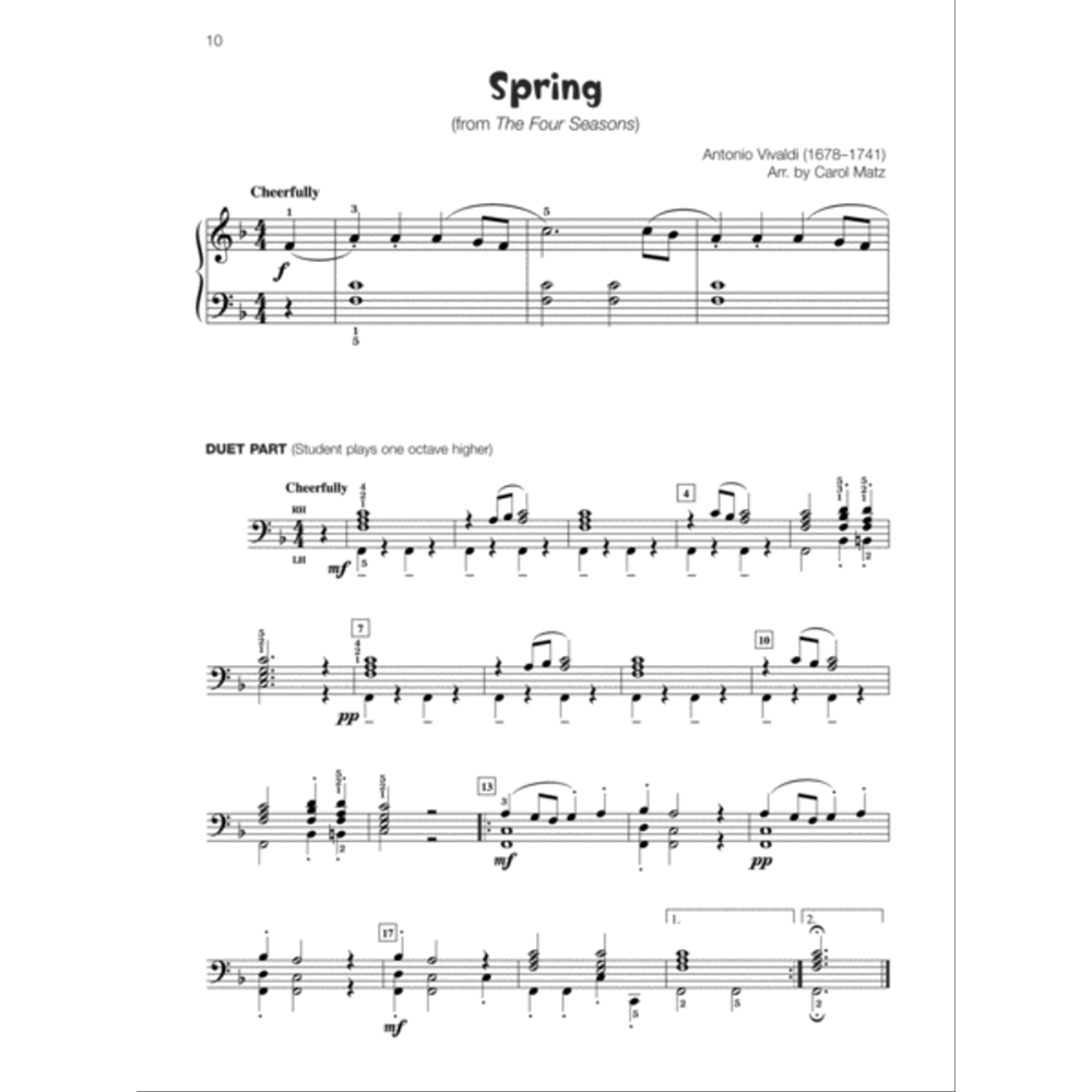 The image shows sheet music for "Spring" from Vivaldi's "The Four Seasons," arranged by Carol Matz for piano. It features a main melody in treble and bass clefs marked "Cheerfully" in 4/4 time with one flat key signature. Below is a duet part labeled "(Student plays one octave higher)" for piano instruction. The score includes dynamics, fingering, rehearsal letters, measure numbers, and page number 10.