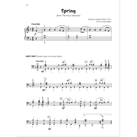 The image shows sheet music for "Spring" from Vivaldi's "The Four Seasons," arranged by Carol Matz for piano. It features a main melody in treble and bass clefs marked "Cheerfully" in 4/4 time with one flat key signature. Below is a duet part labeled "(Student plays one octave higher)" for piano instruction. The score includes dynamics, fingering, rehearsal letters, measure numbers, and page number 10.