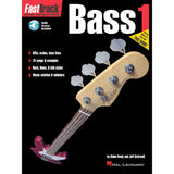 Book cover of 'FastTrack Music Instruction Bass 1' with a bass guitar illustration on a black background.