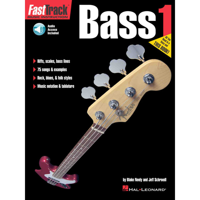 Book cover of 'FastTrack Music Instruction Bass 1' with a bass guitar illustration on a black background.