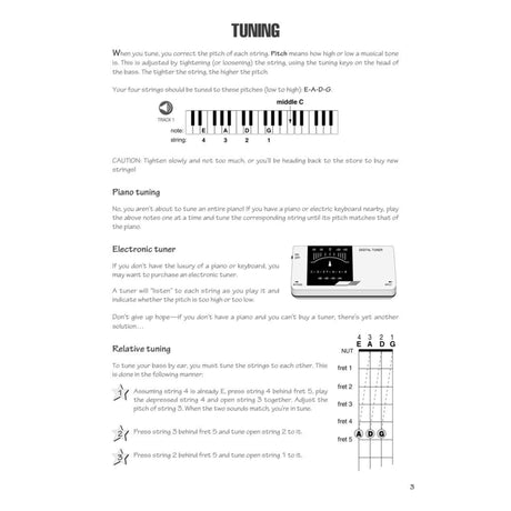 Page from a electric bass instruction manual explaining tuning with text and diagrams.