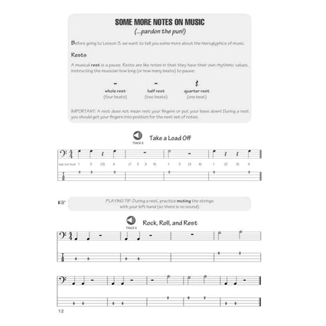 Music sheet with bass guitar riffs with notes and text on a white background