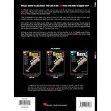 Back cover of a music book with text and images of bass instruments, featuring Hal Leonard branding.