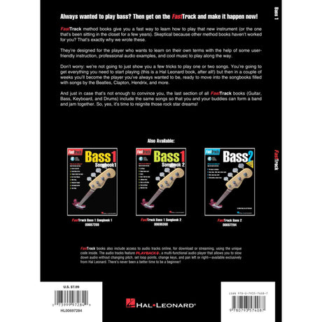 Back cover of a music book with text and images of bass instruments, featuring Hal Leonard branding.