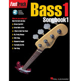 Bass Songbook 1 cover with a bass guitar illustration on a black background