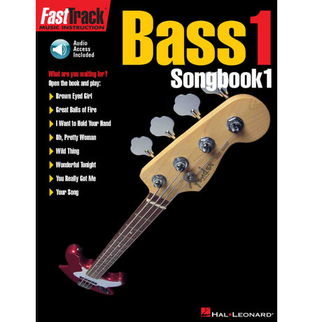 Bass Songbook 1 cover with a bass guitar illustration on a black background