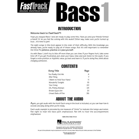 FastTrack Bass 1 music instruction book introduction page with contents list and Hal Leonard logo.