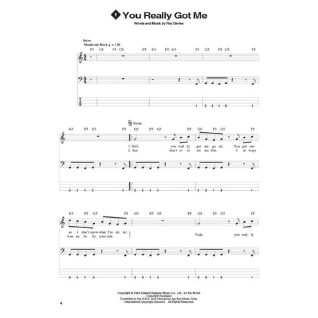 Music sheet for 'You Really Got Me' with lyrics and guitar tab on a white background