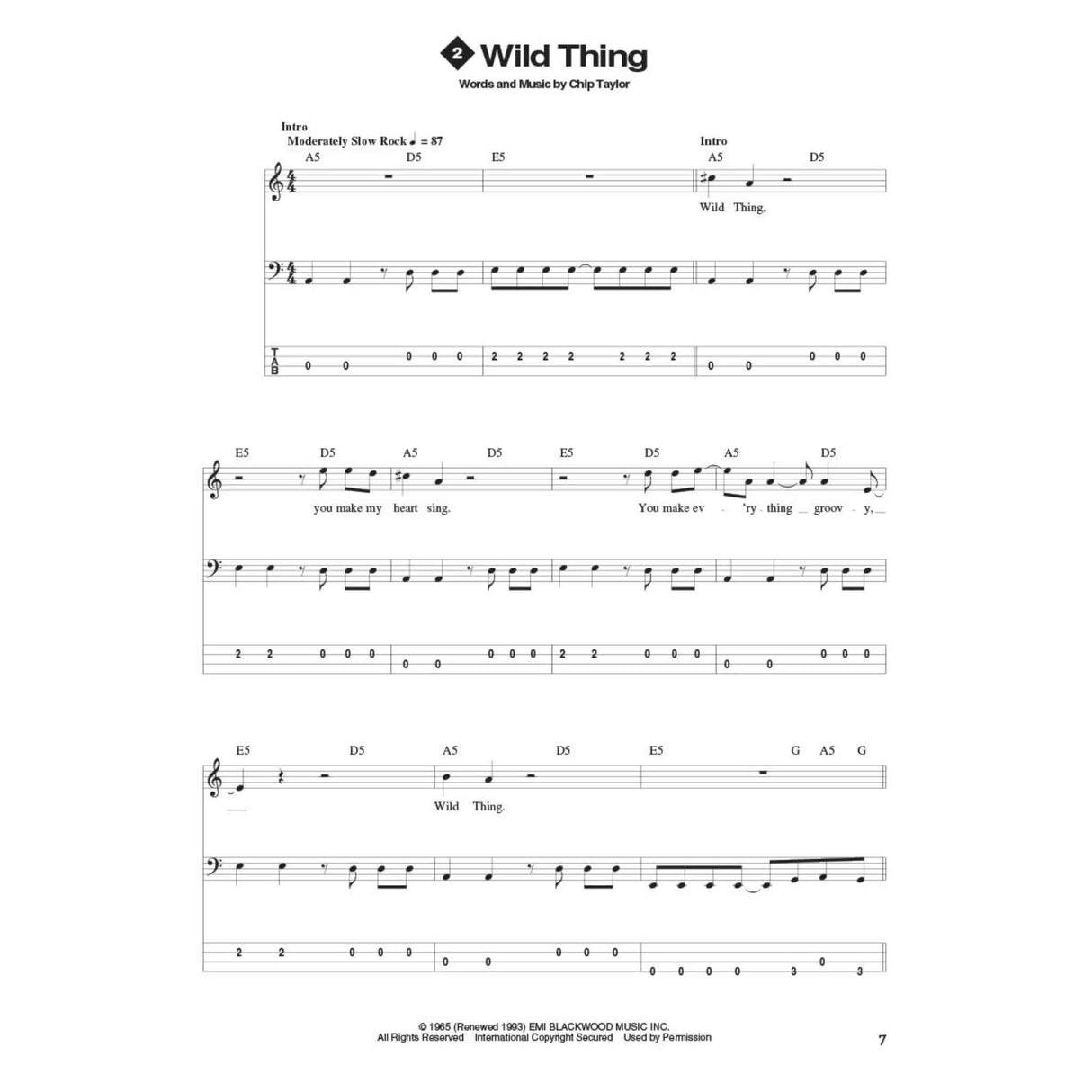 Sheet music for 'Wild Thing' by Blackwood Music Inc. on a white background