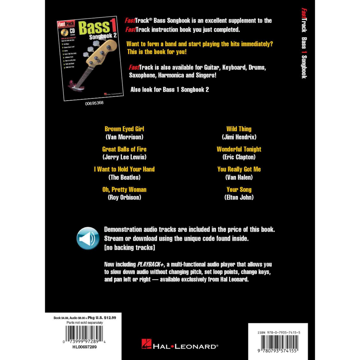 Back cover of a Bass guitar songbook with songlist and Hal Leonard branding