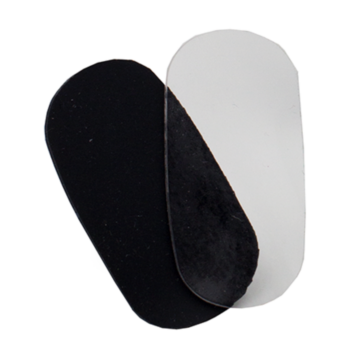 The image shows two guitar picks, one black and one clear/white, with the classic teardrop shape. They appear to be made of smooth plastic or similar material, commonly used for strumming or plucking guitar strings. Different colors and materials are typical in pick collections, as musicians often choose picks based on thickness, feel, or personal preference.