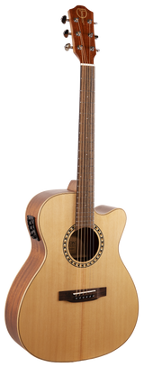 The image shows a cutaway acoustic-electric guitar with a natural light wood top and darker back and sides. It features a round sound hole with decorative rosette, built-in pickup/preamp system, mahogany-colored headstock with chrome tuning pegs, dark rosewood fretboard with inlays, and a traditional bridge with a bone or plastic saddle. This mid-to-high-end guitar is designed for versatile acoustic and amplified playing.