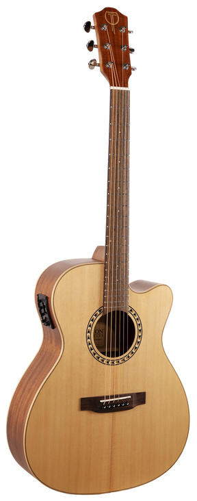 The image shows a cutaway acoustic-electric guitar with a natural light wood top and darker back and sides. It features a round sound hole with decorative rosette, built-in pickup/preamp system, mahogany-colored headstock with chrome tuning pegs, dark rosewood fretboard with inlays, and a traditional bridge with a bone or plastic saddle. This mid-to-high-end guitar is designed for versatile acoustic and amplified playing.