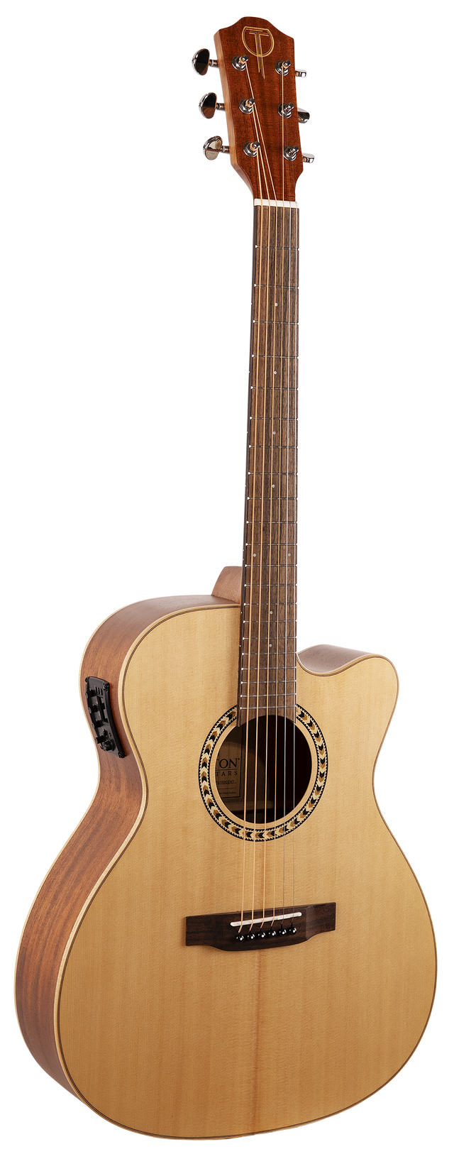 The image shows a cutaway acoustic-electric guitar with a natural light wood top and darker back and sides. It features a round sound hole with decorative rosette, built-in pickup/preamp system, mahogany-colored headstock with chrome tuning pegs, dark rosewood fretboard with inlays, and a traditional bridge with a bone or plastic saddle. This mid-to-high-end guitar is designed for versatile acoustic and amplified playing.