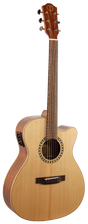 The image shows a cutaway acoustic-electric guitar with a natural light wood top and darker back and sides. It features a round sound hole with decorative rosette, built-in pickup/preamp system, mahogany-colored headstock with chrome tuning pegs, dark rosewood fretboard with inlays, and a traditional bridge with a bone or plastic saddle. This mid-to-high-end guitar is designed for versatile acoustic and amplified playing.