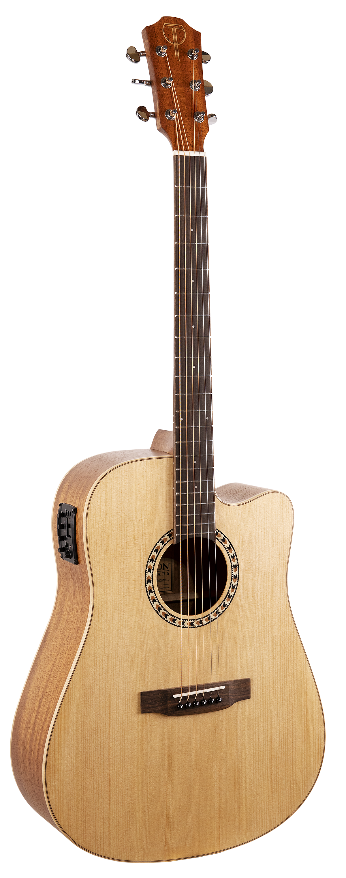 The image shows a cutaway dreadnought-style acoustic-electric guitar with a light spruce top, darker back and sides, and a single cutaway for higher fret access. It features a traditional round sound hole with rosette, dark rosewood fretboard with inlays, six steel strings, chrome tuning pegs, and a built-in pickup system on the upper bout. A logo is visible on the headstock but unclear. This versatile guitar suits both acoustic and amplified play.