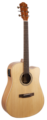 The image shows a cutaway dreadnought-style acoustic-electric guitar with a light spruce top, darker back and sides, and a single cutaway for higher fret access. It features a traditional round sound hole with rosette, dark rosewood fretboard with inlays, six steel strings, chrome tuning pegs, and a built-in pickup system on the upper bout. A logo is visible on the headstock but unclear. This versatile guitar suits both acoustic and amplified play.