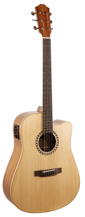 The image shows a cutaway dreadnought-style acoustic-electric guitar with a light spruce top, darker back and sides, and a single cutaway for higher fret access. It features a traditional round sound hole with rosette, dark rosewood fretboard with inlays, six steel strings, chrome tuning pegs, and a built-in pickup system on the upper bout. A logo is visible on the headstock but unclear. This versatile guitar suits both acoustic and amplified play.