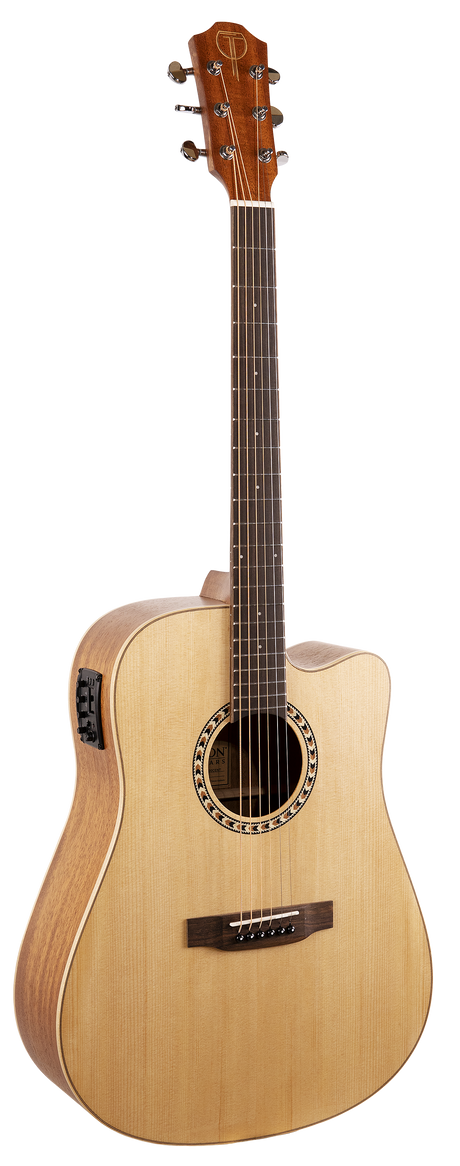 The image shows a cutaway dreadnought-style acoustic-electric guitar with a light spruce top, darker back and sides, and a single cutaway for higher fret access. It features a traditional round sound hole with rosette, dark rosewood fretboard with inlays, six steel strings, chrome tuning pegs, and a built-in pickup system on the upper bout. A logo is visible on the headstock but unclear. This versatile guitar suits both acoustic and amplified play.