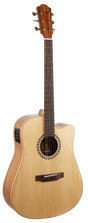 The image shows a cutaway dreadnought-style acoustic-electric guitar with a light spruce top, darker back and sides, and a single cutaway for higher fret access. It features a traditional round sound hole with rosette, dark rosewood fretboard with inlays, six steel strings, chrome tuning pegs, and a built-in pickup system on the upper bout. A logo is visible on the headstock but unclear. This versatile guitar suits both acoustic and amplified play.