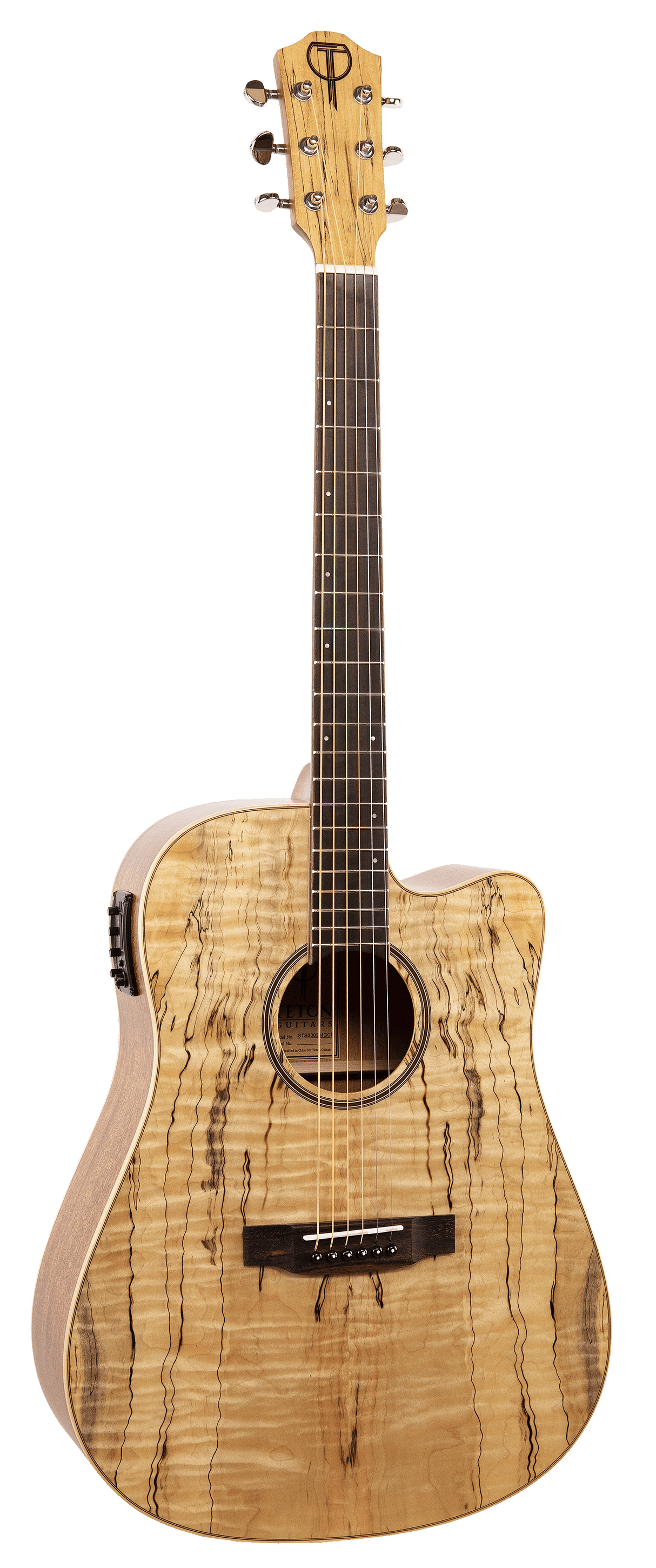 The image shows an acoustic-electric dreadnought guitar with a single cutaway body, featuring a natural spalted maple top with dark streaked grain. It has chrome tuning pegs, a darker wood neck with a rosewood fretboard, a traditional bridge with a bone or synthetic saddle, and a pickup system with controls on the upper bout. The guitar is designed for both unplugged and amplified playing, offering easy access to higher frets.