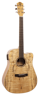 The image shows an acoustic-electric dreadnought guitar with a single cutaway body, featuring a natural spalted maple top with dark streaked grain. It has chrome tuning pegs, a darker wood neck with a rosewood fretboard, a traditional bridge with a bone or synthetic saddle, and a pickup system with controls on the upper bout. The guitar is designed for both unplugged and amplified playing, offering easy access to higher frets.